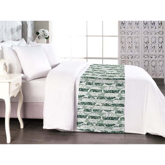 Botanical Bed Runner, Monstera Leaves of the Jungle Mono Colored Style Tropical Leaves Artwork, Decorative Accent Bedding Scarf for Hotels Homes & Guest Rooms, Queen, White and Emerald, by Ambesonne