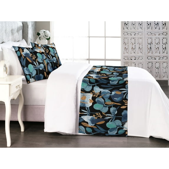 Botanical Bed Runner Set, Abstract Style Artwork of Leaves and Forms on Black Background, Decorative Bedding Scarf & 2 Pillow Shams for Hotels Homes, King, Dark Turquoise and Caramel, by Ambesonne