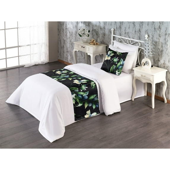 Botanical Bed Runner Set, Blooming Wild Flowers and Watercolor Themed Ornament on Dark Back, Decorative Bedding Scarf & a Pillow Sham for Hotels Homes, Twin, Slate Blue Green and Black, by Ambesonne