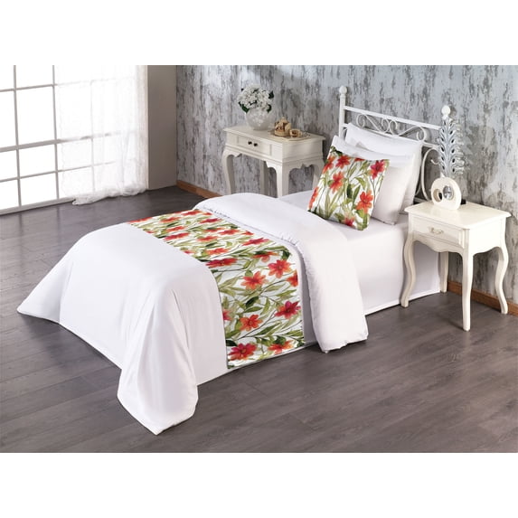 Botanical Bed Runner Set, Nature Art Style Painting Look Flowers and Leaves on Plain Back, Decorative Bedding Scarf & a Pillow Sham for Hotels Homes, Twin, Olive Green and Vermilion, by Ambesonne