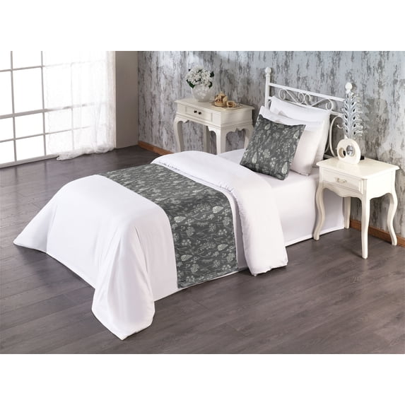 Botanical Bed Runner Set, Retro Style Outline Branches and Flowers of Meadow Hills Nature Achromatic Design, Decorative Bedding Scarf & a Pillow Sham for Hotels Homes, Twin, Grey, by Ambesonne