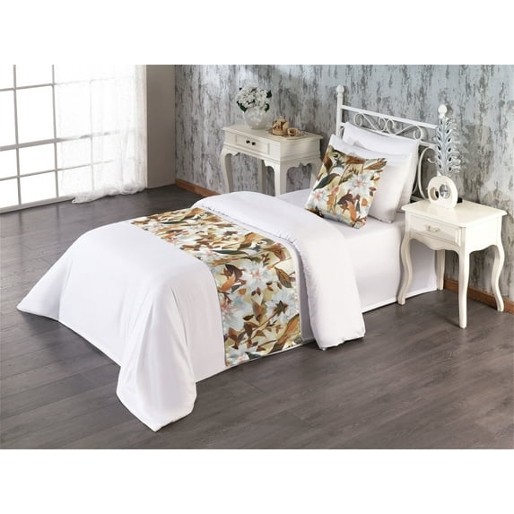 Botanical Bed Runner Set, Summer Nature Ornament Vintage Themed Aster Blossoms and Leaves, Decorative Bedding Scarf & a Pillow Sham for Hotels Homes, Twin, Cinnamon and Pale Khaki, by Ambesonne