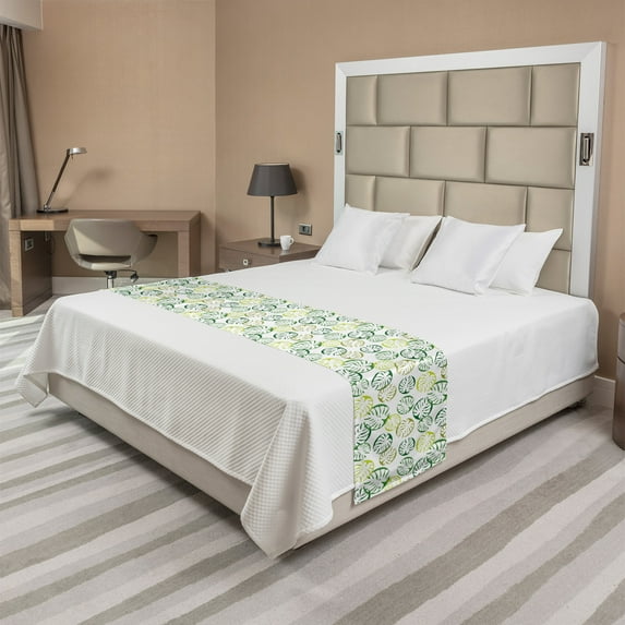 Botanical Bed Runner, Simplistic Monstera Leaves Repetitive Plain Background, Decorative Accent Bedding Scarf for Hotels Homes and Guestrooms, King, Fern Green Yellow Green, by Ambesonne