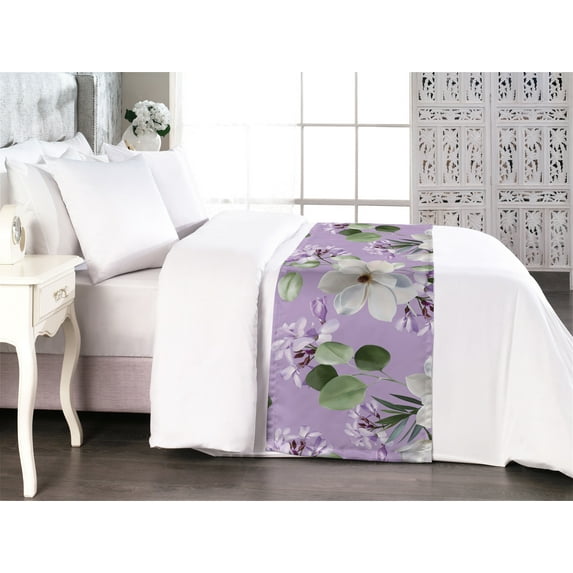 Botanical Bed Runner, Spring Inspired Eucalyptus Leaf Print Watercolor Concept Flowers, Decorative Accent Bedding Scarf for Hotels Homes & Guest Rooms, King, Olive Green Coconut Lilac, by Ambesonne