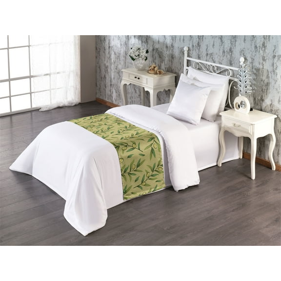 Botanical Bed Runner, Summer Vibes Olive With Leaves Pattern on Meadow Colored Backplane, Decorative Accent Bedding Scarf for Hotels Homes & Guest Rooms, Twin, Avocado Green Fern Green, by Ambesonne
