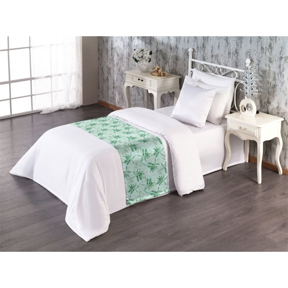 Botanical Bed Runner, Watercolor Garden of Leaves and Branches Grunge Themed Print, Decorative Accent Bedding Scarf for Hotels Homes & Guest Rooms, Twin, Pastel Green and Dark Green, by Ambesonne