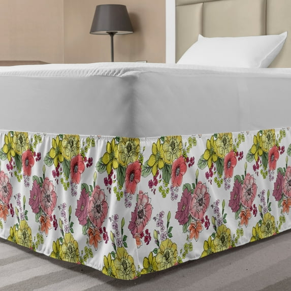 Botanical Bed Skirt, Colorful Summer Flowers Peony Iris Lily Blossoms Pastel Spring Beauty Nature, Elastic Bedskirt Dust Ruffle Wrap Around for Bedding Decor, 4 Sizes, Multicolor, by Ambesonne
