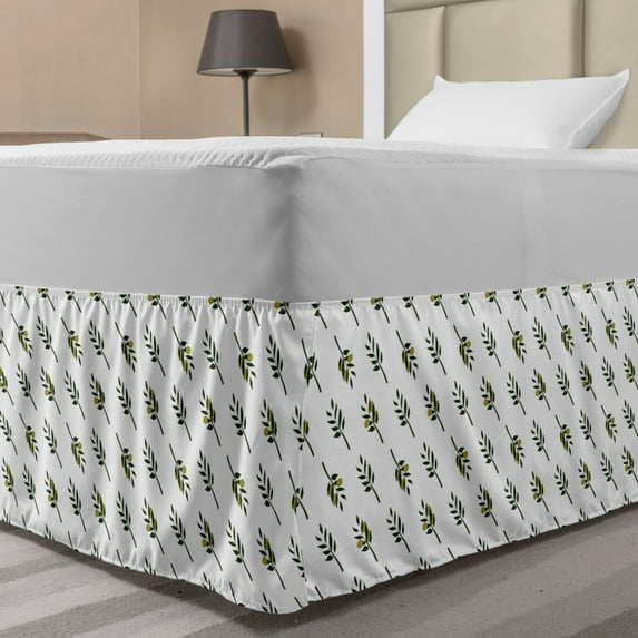Botanical Bed Skirt, Diagonal Symmetric Olive Branches Pattern on Plain Background, Elastic Bedskirt Dust Ruffle Wrap Around for Bedding Decor, 4 Sizes, Evergreen Olive Green, by Ambesonne