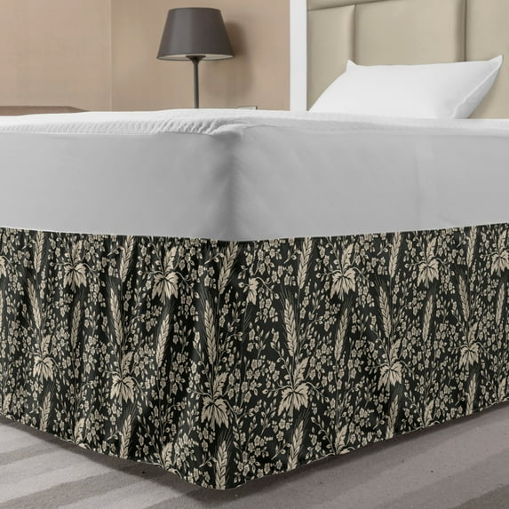 Botanical Bed Skirt, Forest Flowering Plants with Leaf Branches Herbal Victorian Shabby, Elastic Bedskirt Dust Ruffle Wrap Around for Bedding Decor, 4 Sizes, Dark Taupe Grey Beige, by Ambesonne