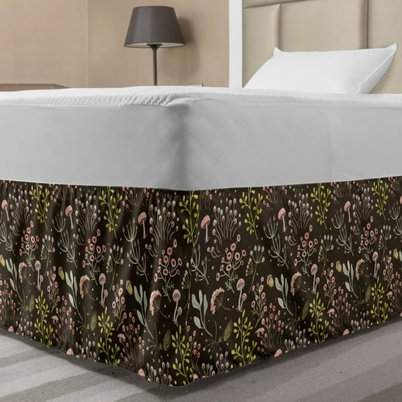 Botanical Bed Skirt, Forest Foliage with Mushrooms Fungus Berry Blossoming, Elastic Bedskirt Dust Ruffle Wrap Around for Bedding Decor, 4 Sizes, Pale Pink Brown, by Ambesonne