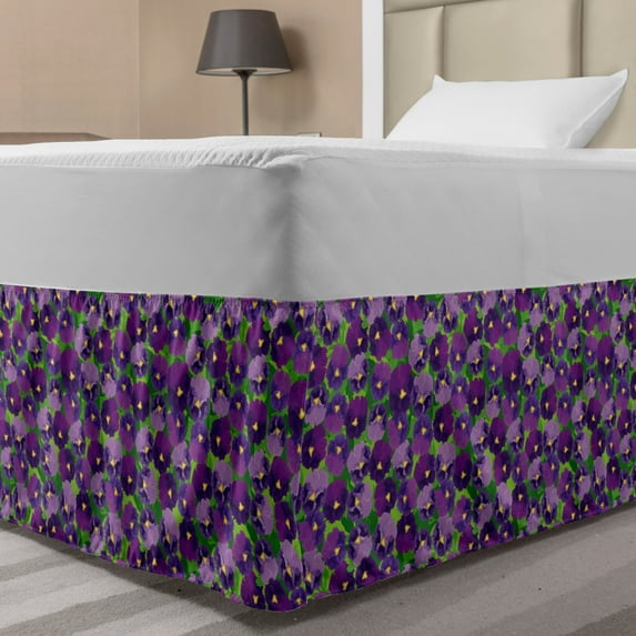 Botanical Bed Skirt, Green Field Full of Burgeoning Pansy Inflorescence Garden Flourish Bedding Plants, Elastic Bedskirt Dust Ruffle Wrap Around for Bedding Decor, 4 Sizes, Multicolor, by Ambesonne