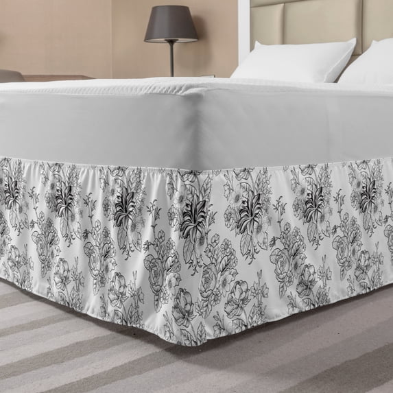 Botanical Bed Skirt, Meadow Blossoms Peony Petals Rural Flourish Bouquets Leaf Field, Elastic Bedskirt Dust Ruffle Wrap Around for Bedding Decor, 4 Sizes, Charcoal Grey and White, by Ambesonne