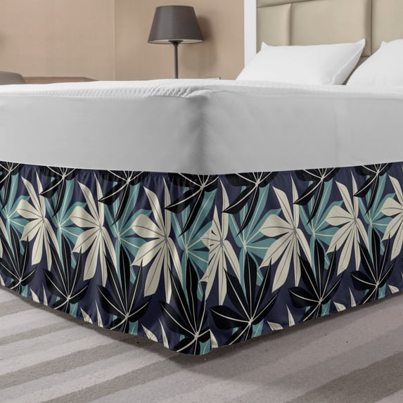 Botanical Bed Skirt, Tropical Leaves Repetitive Lines Pointy Petals, Elastic Bedskirt Dust Ruffle Wrap Around for Bedding Decor, 4 Sizes, Cadet Blue Dark Indigo, by Ambesonne