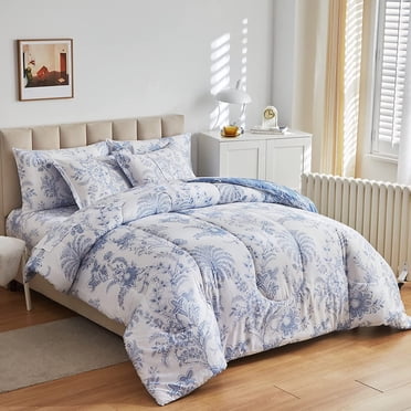Botanical Bed in a Bag Queen Size 7 Pieces, Reversible Blue and White Flower Printed Comforter Bedding Set
