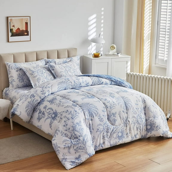 Botanical Bed in a Bag Queen Size 7 Pieces, Reversible Blue and White Flower Printed Comforter Bedding Set
