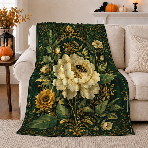 Botanical Bee Cream Flower, Cozy Botanical Garden Scene, Warm Flannel Blanket for Sunroom and Reading Nook, Garden Lovers Thanksgiving Gift, Botanical Home Decor