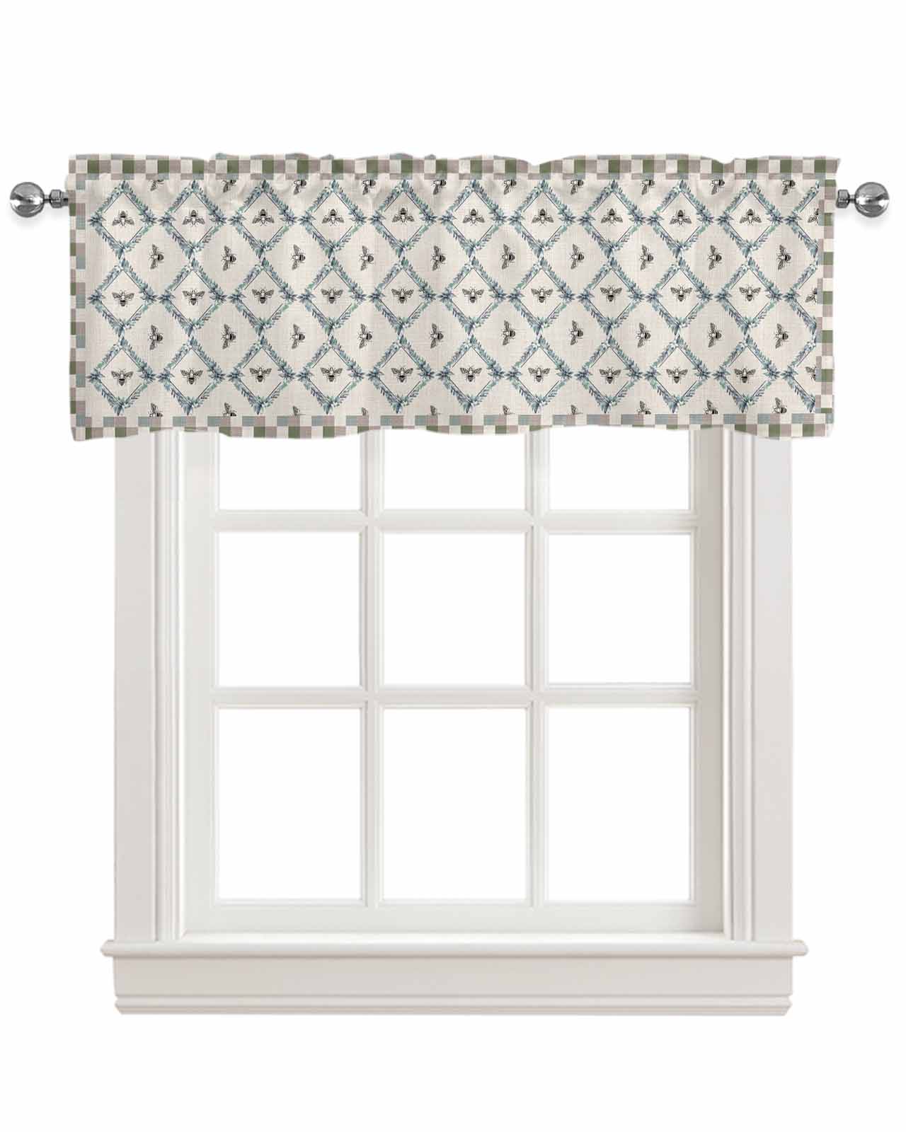 Botanical Bee Linen Curtain Valance for Bedroom/Bathroom/Kitchen/Office/Living/Dining Room Window,Teal Blue Grey Buffalo Farmhouse Plaid Pocket Topper Drapes Decorative Cafe Drapery Panel 54"x18"