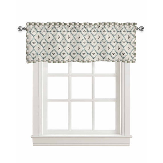 Botanical Bee Linen Curtain Valance for Bedroom/Bathroom/Kitchen/Office/Living/Dining Room Window,Teal Blue Grey Buffalo Farmhouse Plaid Pocket Topper Drapes Decorative Cafe Drapery Panel 42"x12"