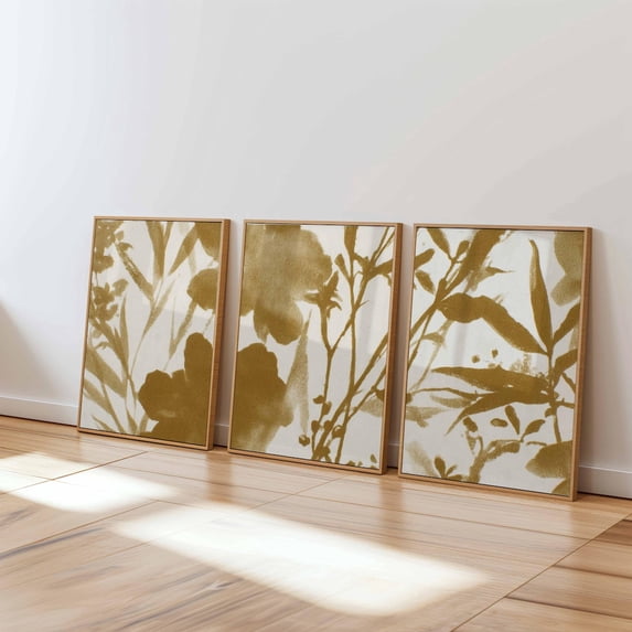 Botanical Beige Olive Green Modern Silhouette Art Set 3 Stretched ...