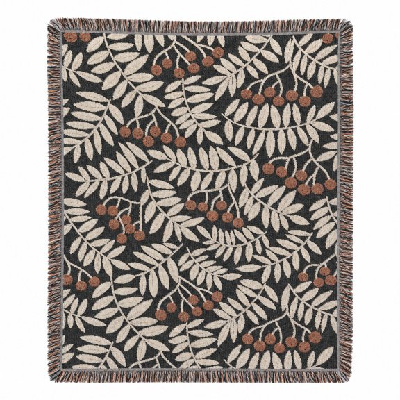Botanical Berry Branch Black, Cream and Rust Woven Throw Blanket, Woven Cotton with Fringed Edges, Nature Style for Home Decor
