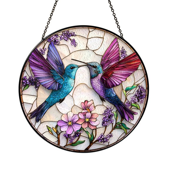 Botanical Bird Window Decor – Lavender Glass Suncatcher