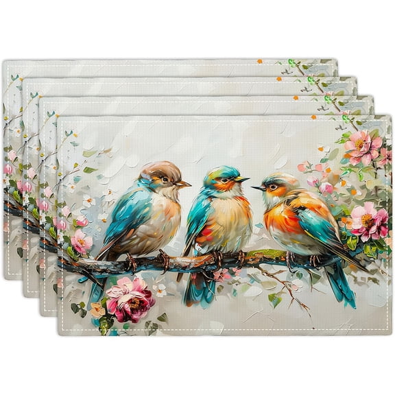 Botanical Birds Placemats Set of 4 Bird Pictures Farmhouse Rustic Flower Kitchen Mats Waterproof Washable Table Mats for Kitchen Dining Decoration 4 PCS