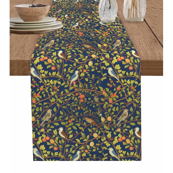 Botanical Birds Table Runner Cotton Linen 120 Inch Holiday Dresser Scarves, Art Abstract Leaves Blue Tablerunner for Kitchen Coffee Dining Bedroom Home Living Room Dinner Scarf Décor 13''x120''