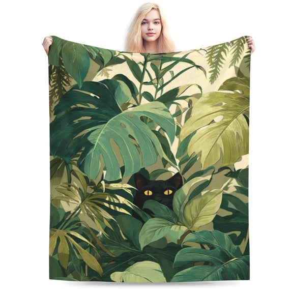 Botanical Black Cat Throw Blanket, Green Monstera Plant Design, Soft Flannel Fleece, Plant Lover Home Decor 50x40
