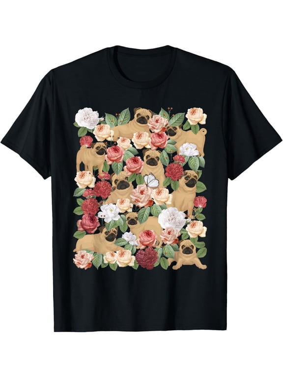 Botanical Black Pug Garden - Floral Dog Owner Pet Lover T-Shirt - Classic Funny sarcasm t shirt Unisex 100% Cotton Crew Neck T-Shirt Breathable Casual Everyday Wear Affordable Graphic Soft Cheap t sh