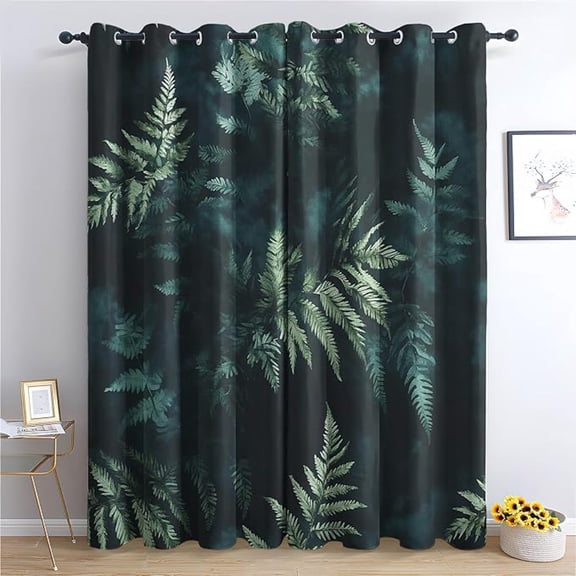 Botanical Blackout Curtains for Bedroom Kitchen, Thermal Insulated Room Darkening Grommet Patterned Drapes for Living Room, Emerald Green Leaf Fern Leaves Home Decor 26"W x 45"L (Pack of 2)