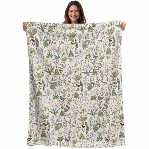 Botanical Blanket Soft Cozy Warm Throw Blanket for Couch, Plush Fuzzy Flannel Fleece Blankets for Sofa, Vintage Floral Wildflower Country Leaf Plant Bed Blankets Lightweight Gifts for Women, 32"x48"