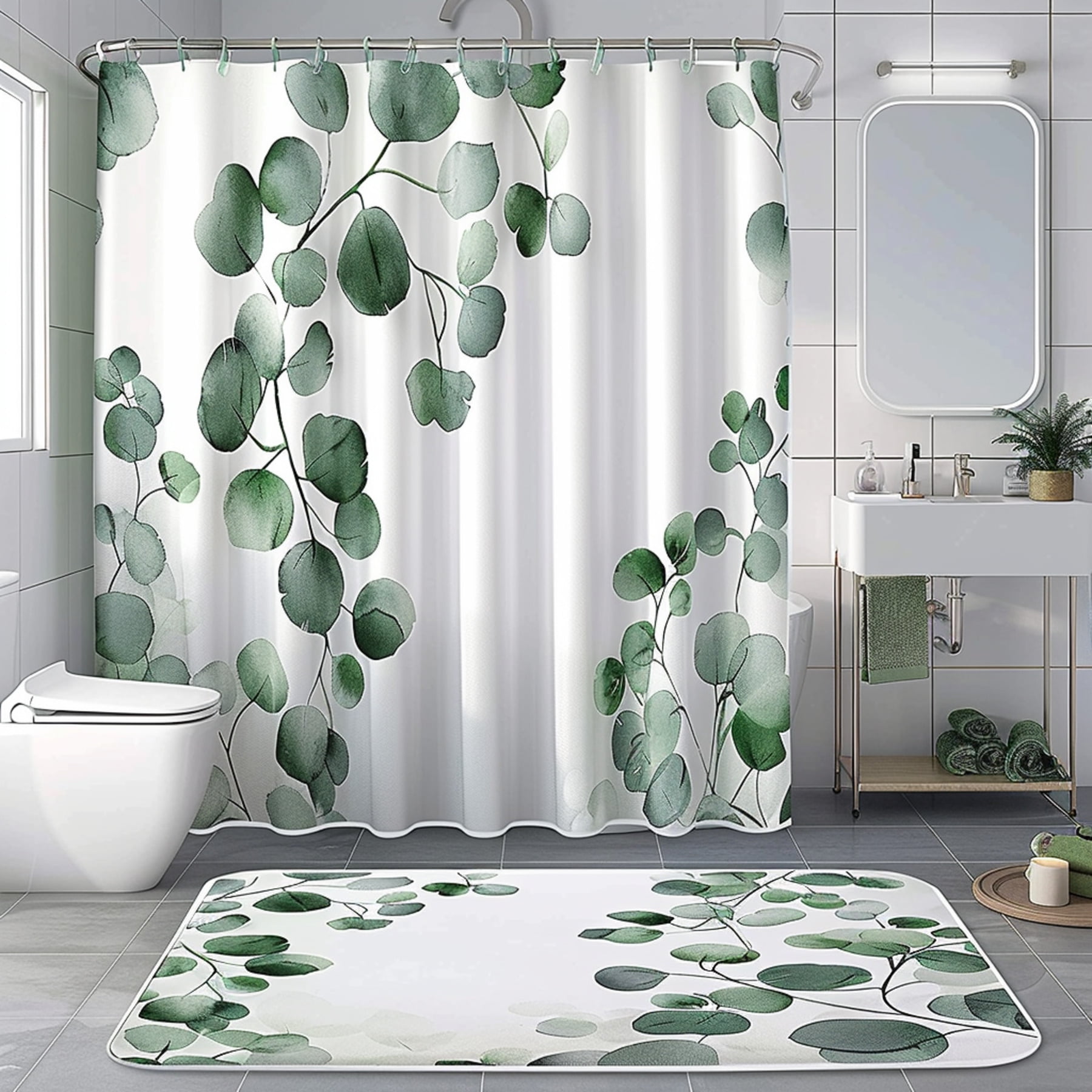 Botanical Bliss Bathroom Set: Eucalyptus Leaf Design with White Accents ...