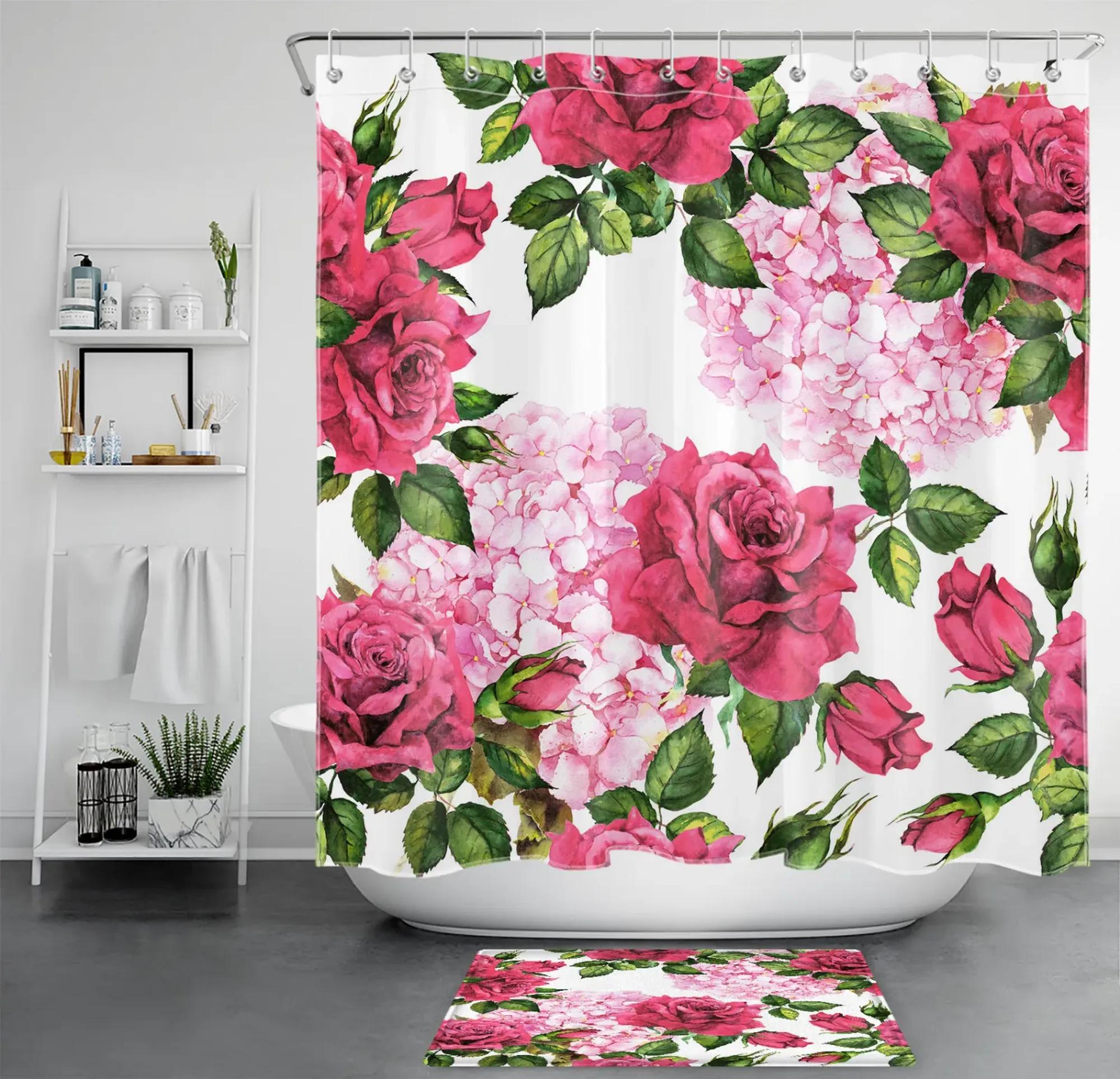 Botanical Bliss Vibrant Greenery and Red Roses Shower Curtain Set for