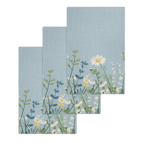 Botanical Blue Green Kitchen Dish Towels for Drying Dishes Set of 3, Spring Pastoral Daisy Leaf on Linen Waffle Weave Microfiber Hand Tea Bathroom Towels Quick Dry & Absorbent Towel 15.7x23.6