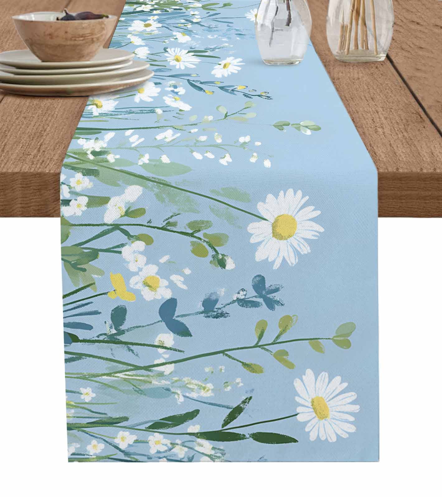 Spring Table Runner 108 Botanical Blue Green Table Runner 108 Inches, Spring Pastoral Daisy ...