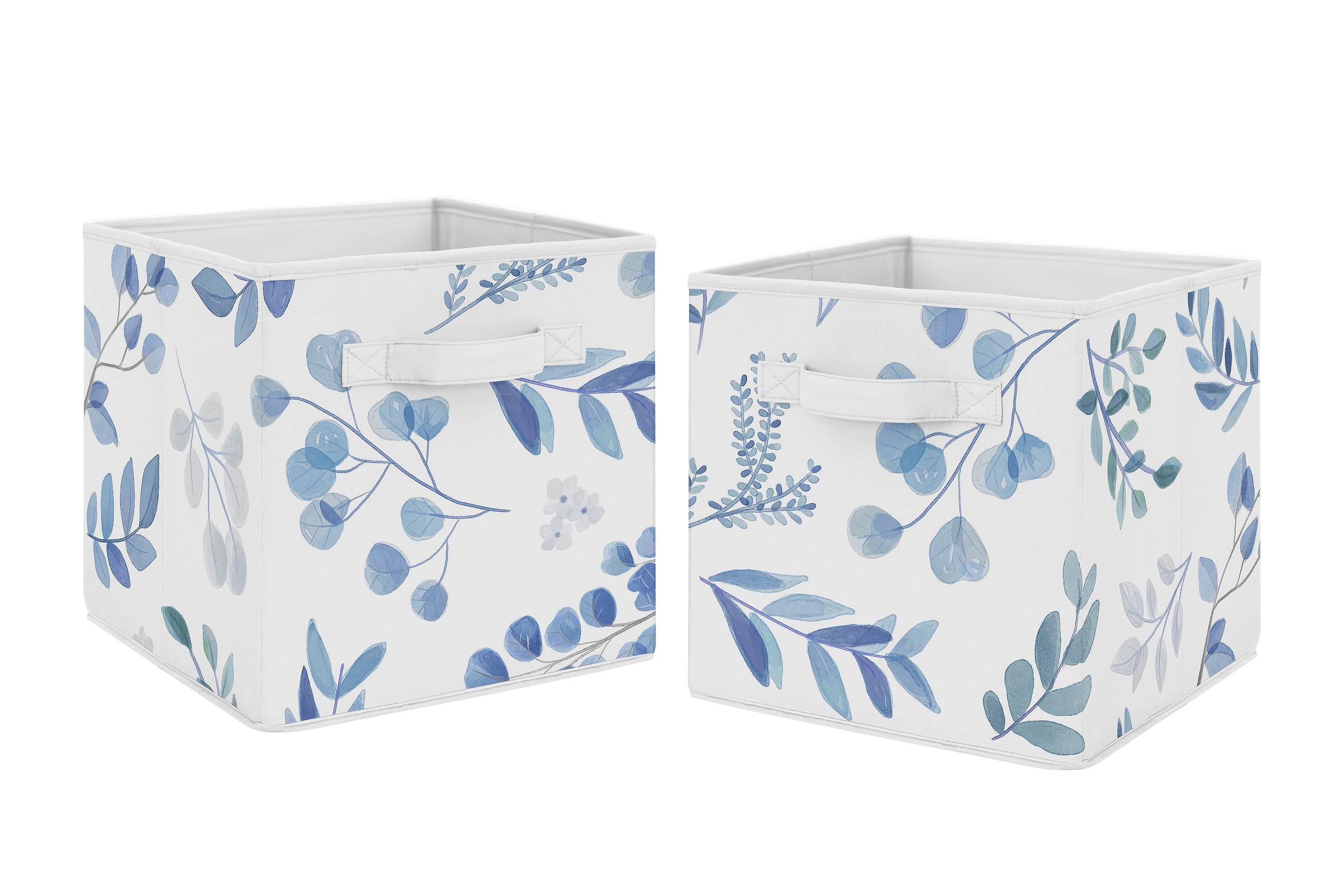 Blue and White Botanical Fabric Collapsible Storage Cubes Set