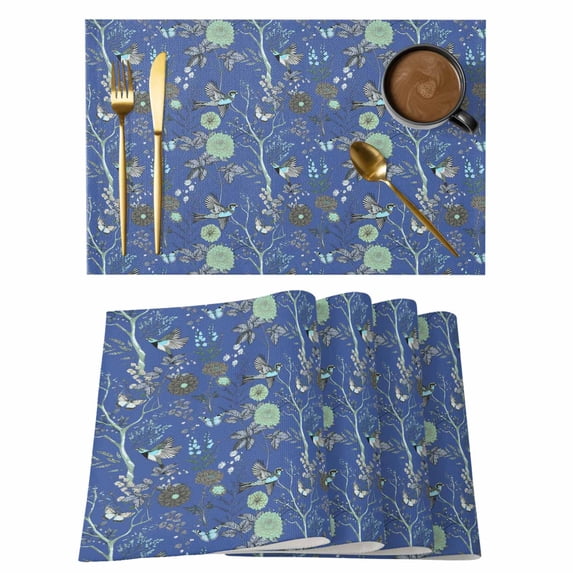 Botanical Blue Placemats Set of 8, Vintage Flower Butterfly Abstract Bird Placemats for Dining Table, Place Mats for Kitchen Tabletop, Waterproof Wipeable Dining Table Mats Set