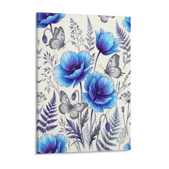 Botanical Blue Poppy And Butterfly with Fern Leaves Modern Canvas Wall Decor, High-Definition Digital Print Artwork for Home & Office