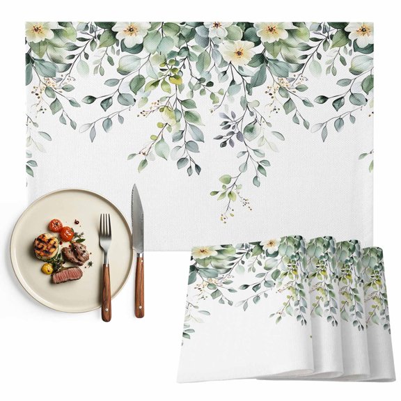 Botanical Boho Floral Placemats Set of 2, Eucalyptus Leaf Flower Table Mats Washable Heat-Resistant Non-Slip Place Mats for Kitchen Dinner Table Indoor Outdoor Decor,13x19 Inch Green