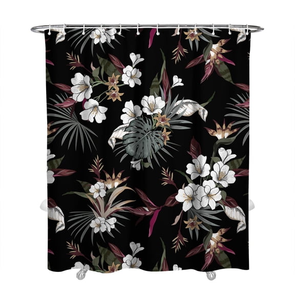 Botanical Boho Shower Curtain, Palm Leaves and Hawaiian Hibiscus Floral Pattern, Tropical Summer Beach Print, Waterproof Fabric with Hooks