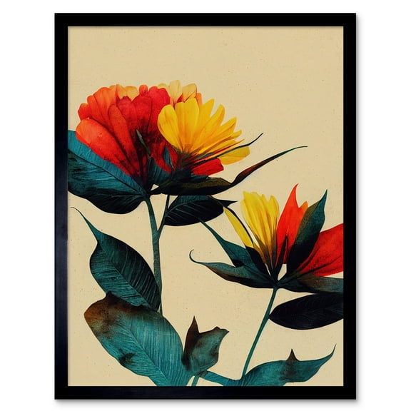 Botanical Bold Flowering Yellow Red Teal Art Print Framed Poster Wall Decor 12x16 inch