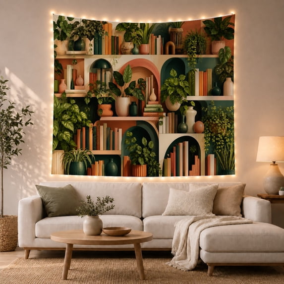 Botanical Bookshelf in Arched Shelving, Cozy Maximalist for Book Lovers, Nature-Inspired Decor, Housewarming Gift, Tapestry Wall Hanging for Home Library and Study Room