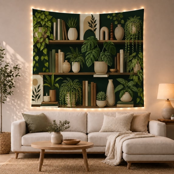 Plant and Bookshelf Illustration Polyester Tapestry