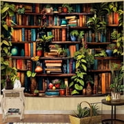 Botanical Bookshelf Tapestry Lush Green Plant Book Shelf Tapestries Wall Hanging Art Vintage Retro Potted Plants Academics Library Book Tapestry for Bedroom Liv
