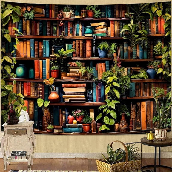 Botanical Bookshelf Tapestry Lush Green Plant Book Shelf Tapestries Wall Hanging Art Vintage Retro Potted Plants Academics Library Book Tapestry for Bedroom Living Room Dorm 60 x 40 inch