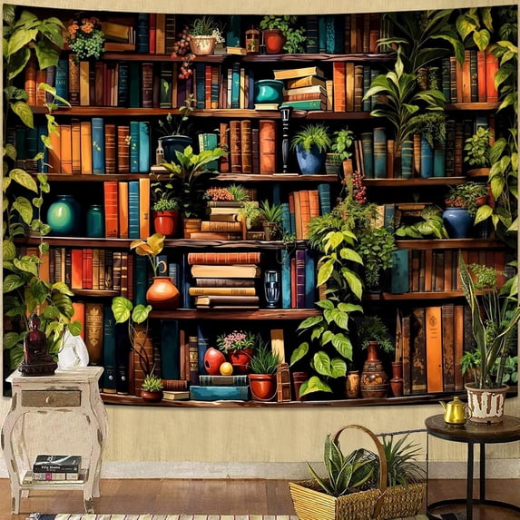 Botanical Bookshelf Tapestry Lush Green Plant Book Shelf Tapestries Wall Hanging Art Vintage Retro Potted Plants Academics Library Book Tapestry for Bedroom Living Room Dorm 90 x 60 inch