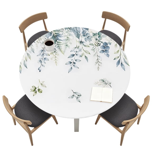 Botanical Border Print Round Fitted Tablecloth with Elastic Edged, Soft Blue Tones Waterproof Table Cover for Dinner Outdoor Picnic &nbsp;Fits Round Tables up to 36"- 44" Diameter