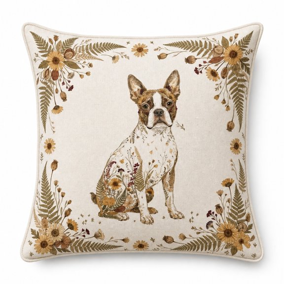 Botanical Boston Terrier Throw Pillow Cover, Double-Sided Print for Sofa Couch Bed, Cover Only – Insert Not Included