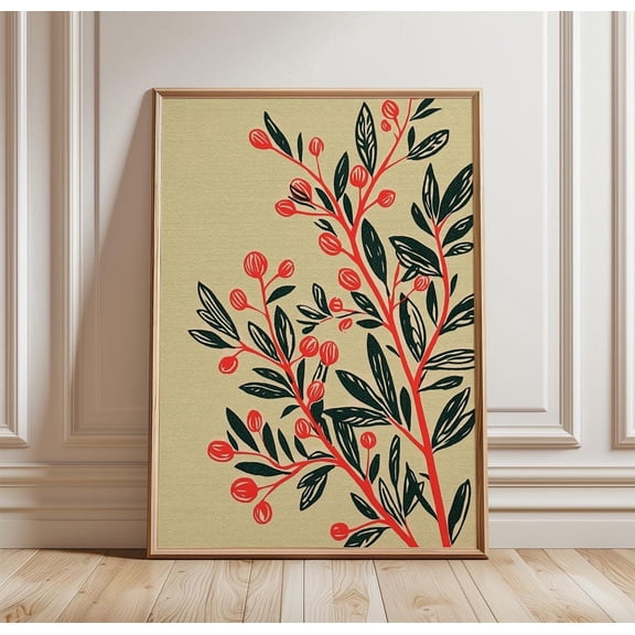 Botanical Branch Minimal Leaf Red Berry Modern Nature Decor Art Unframed Paper Print