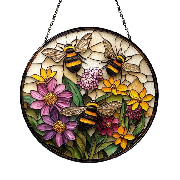 Botanical Bumblebee Faux Stained Glass Suncatcher, Window Hanging Decor Highlighting Floral Harmony